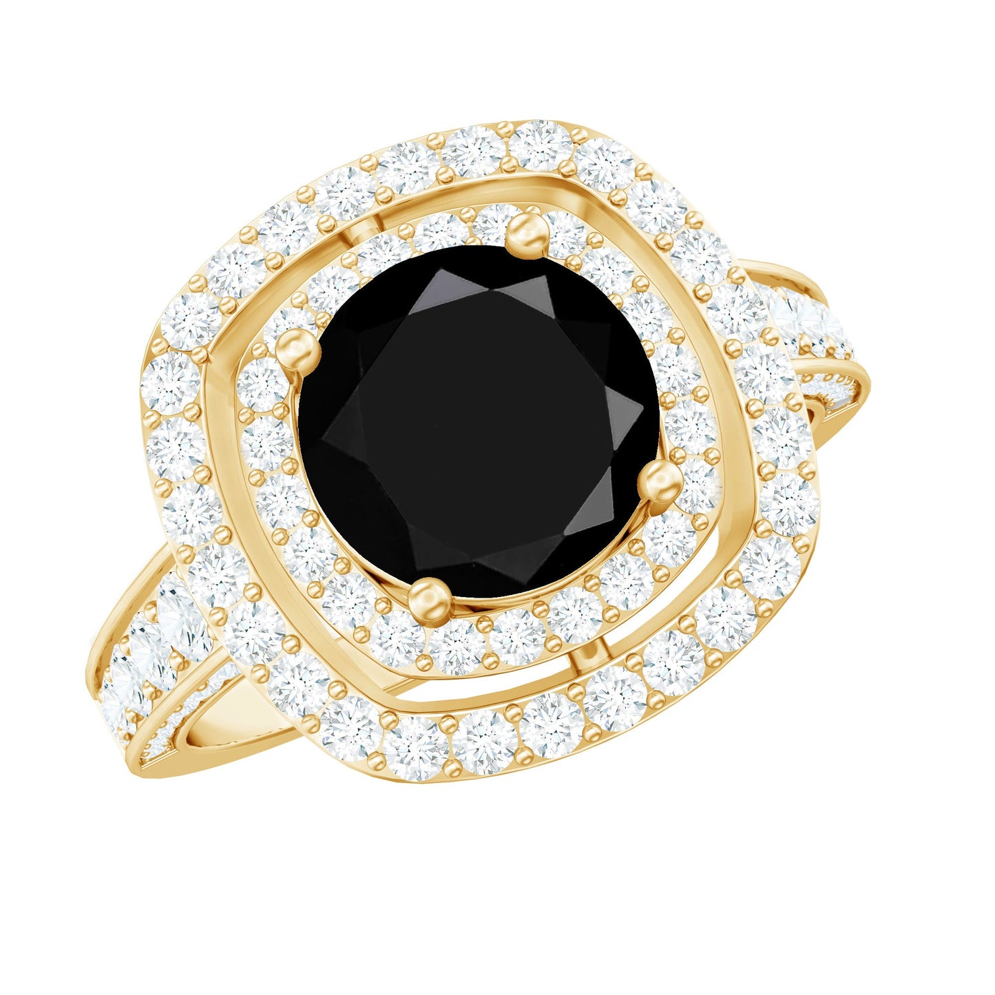Certified 2 Carat Black Onyx Statement Engagement Ring with Diamond Double Halo