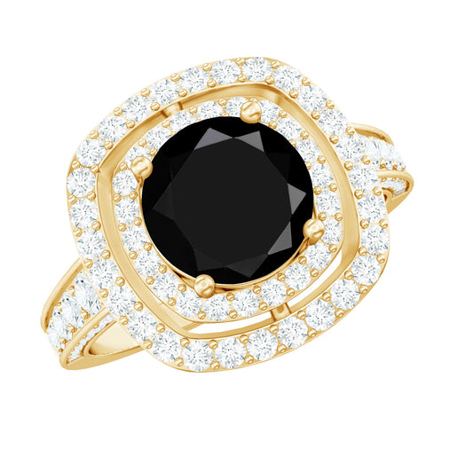 Certified 2 Carat Black Onyx Statement Engagement Ring with Diamond Double Halo