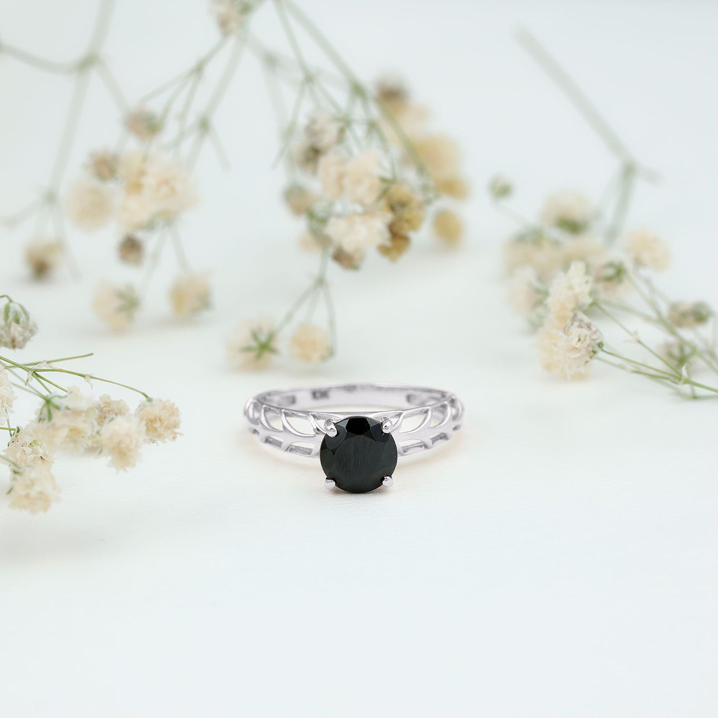 Round Cut Solitaire Black Onyx Engagement Ring with Certificate