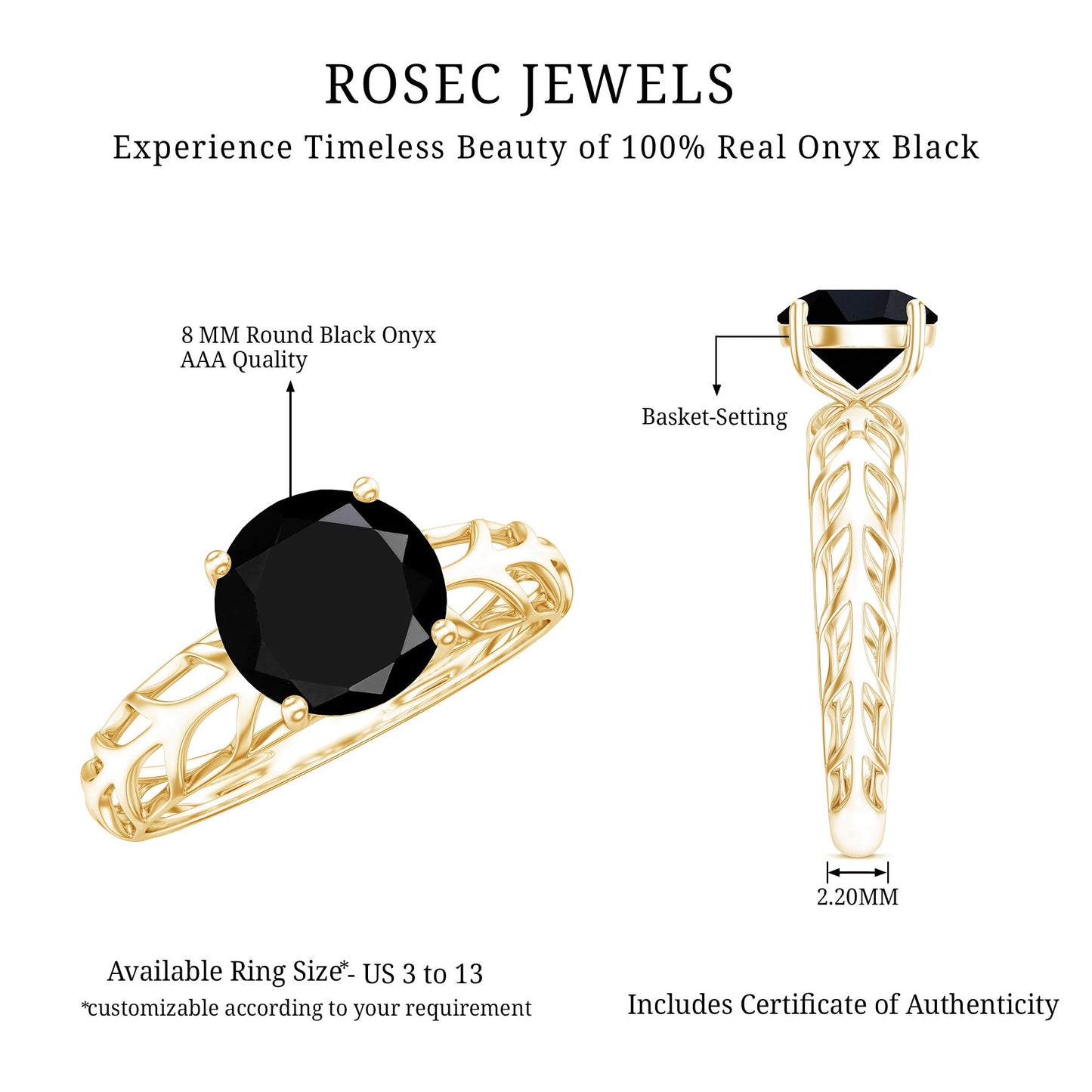 Round Cut Solitaire Black Onyx Engagement Ring with Certificate