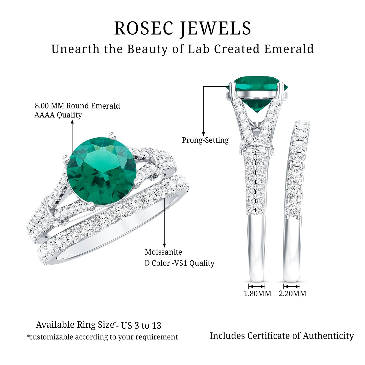 Designer Lab Grown Emerald Engagement Ring with Wedding Band