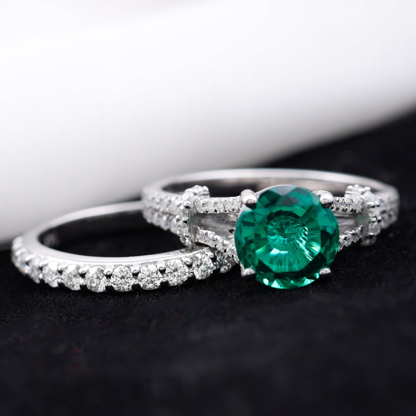 Designer Lab Grown Emerald Engagement Ring with Wedding Band