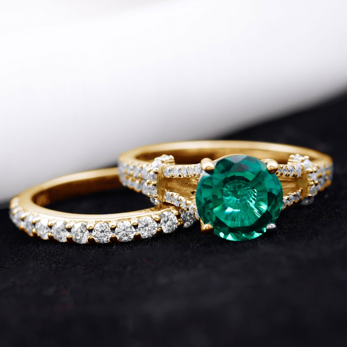 Designer Lab Grown Emerald Engagement Ring with Wedding Band