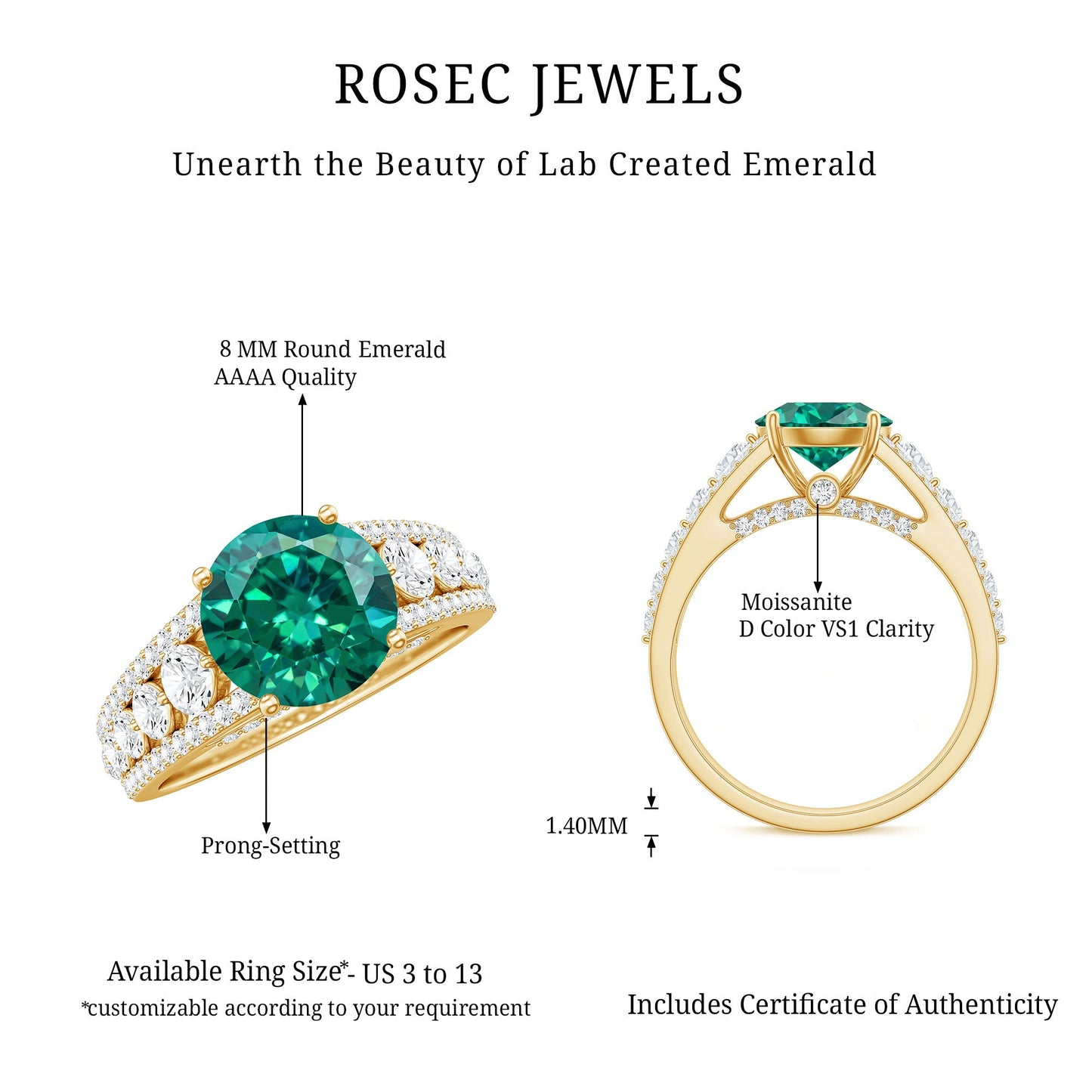 Certified 2 Carat Lab Grown Emerald Statement Engagement Ring with Side Stones