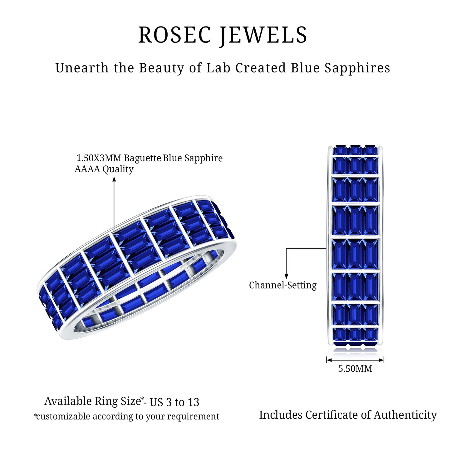 Channel Set Lab Grown Blue Sapphire Wide Eternity Band Ring