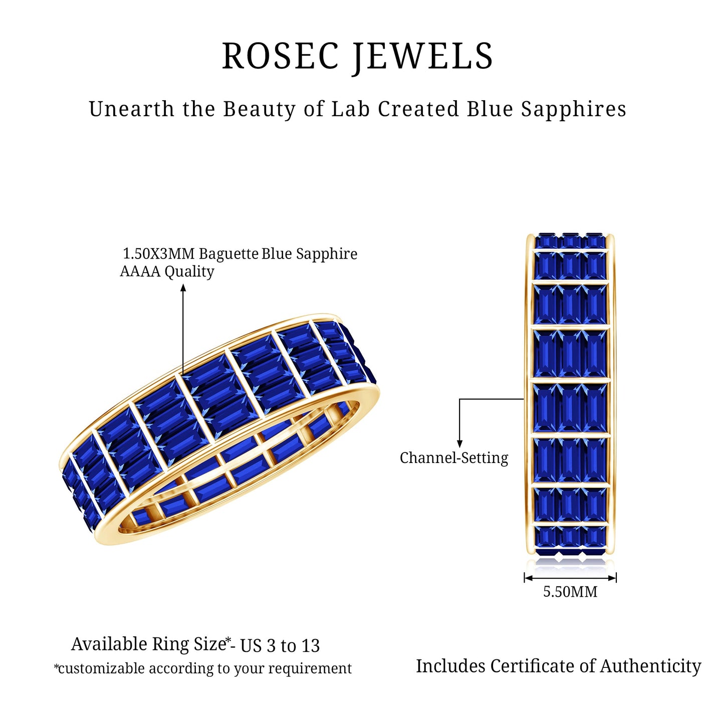 Channel Set Lab Grown Blue Sapphire Wide Eternity Band Ring