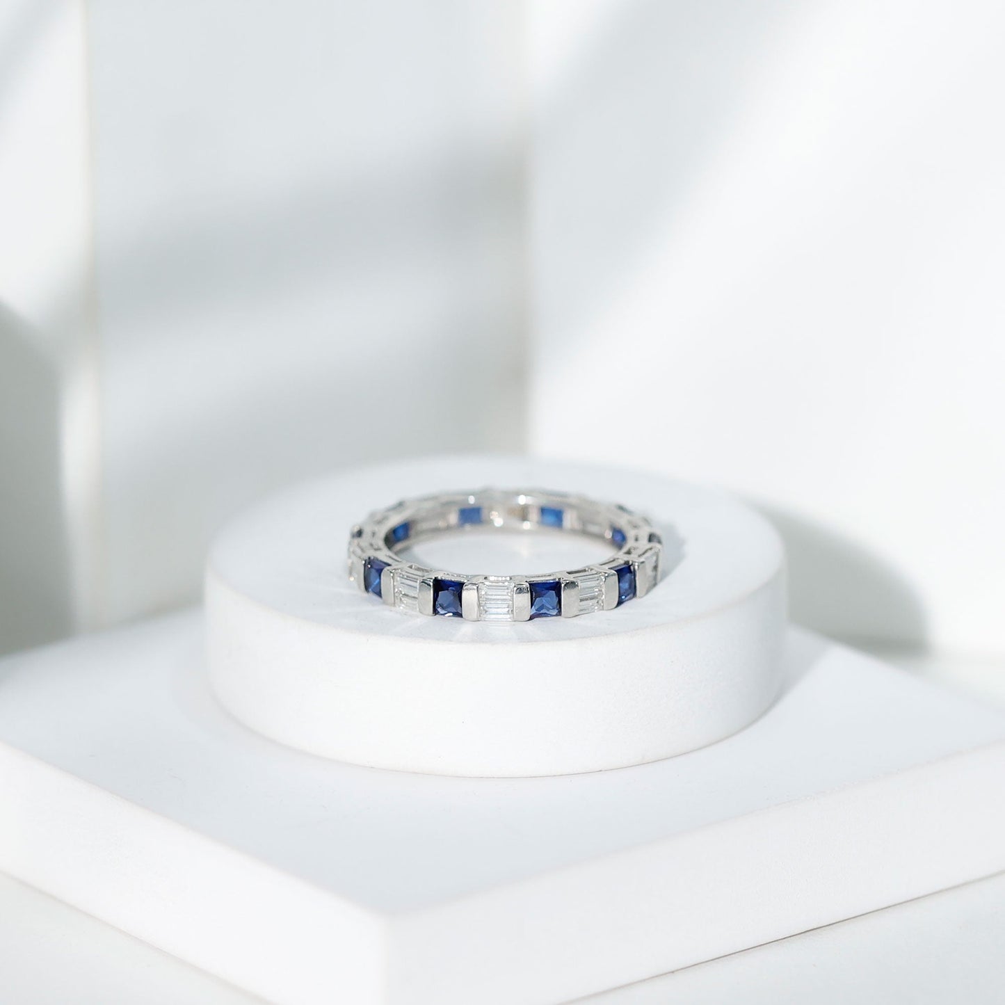 Certified Lab Grown Blue Sapphire Eternity Band Ring with Moissanite