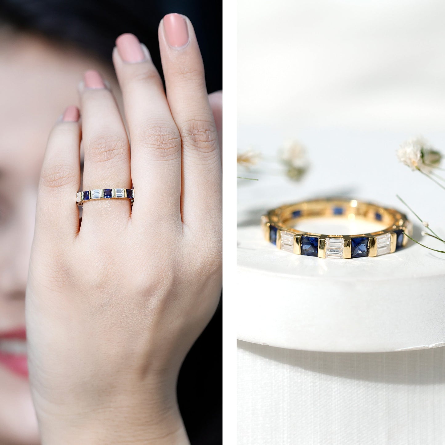 Certified Lab Grown Blue Sapphire Eternity Band Ring with Moissanite