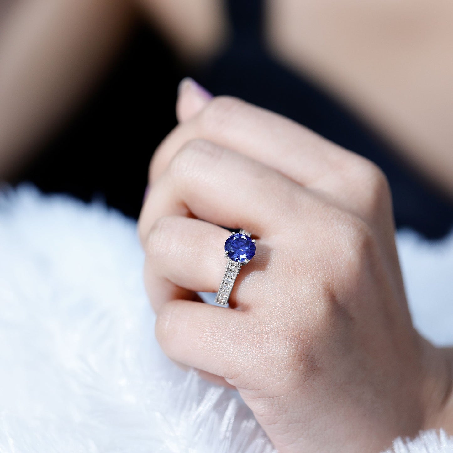 Certified 2.7 Carat Lab Grown Blue Sapphire Solitaire Engagement Ring with Diamond