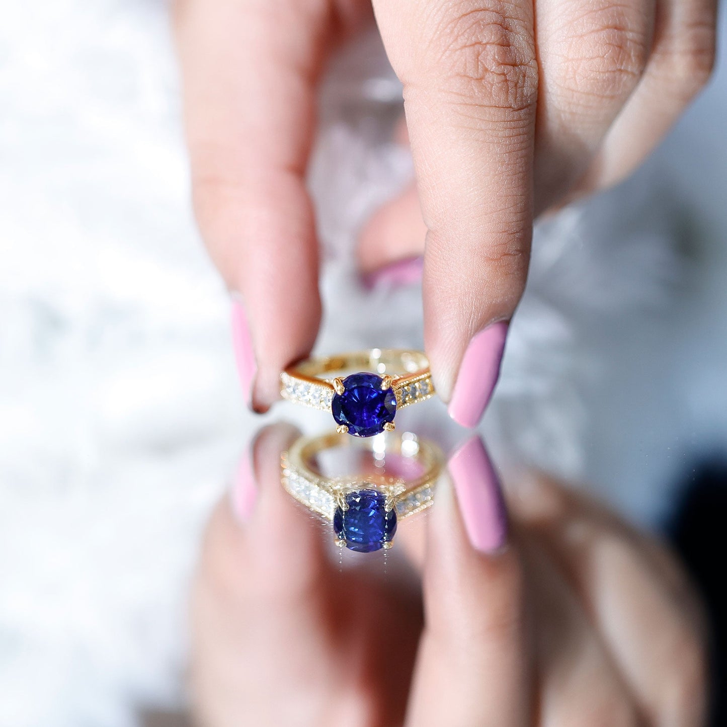 Certified 2.7 Carat Lab Grown Blue Sapphire Solitaire Engagement Ring with Diamond