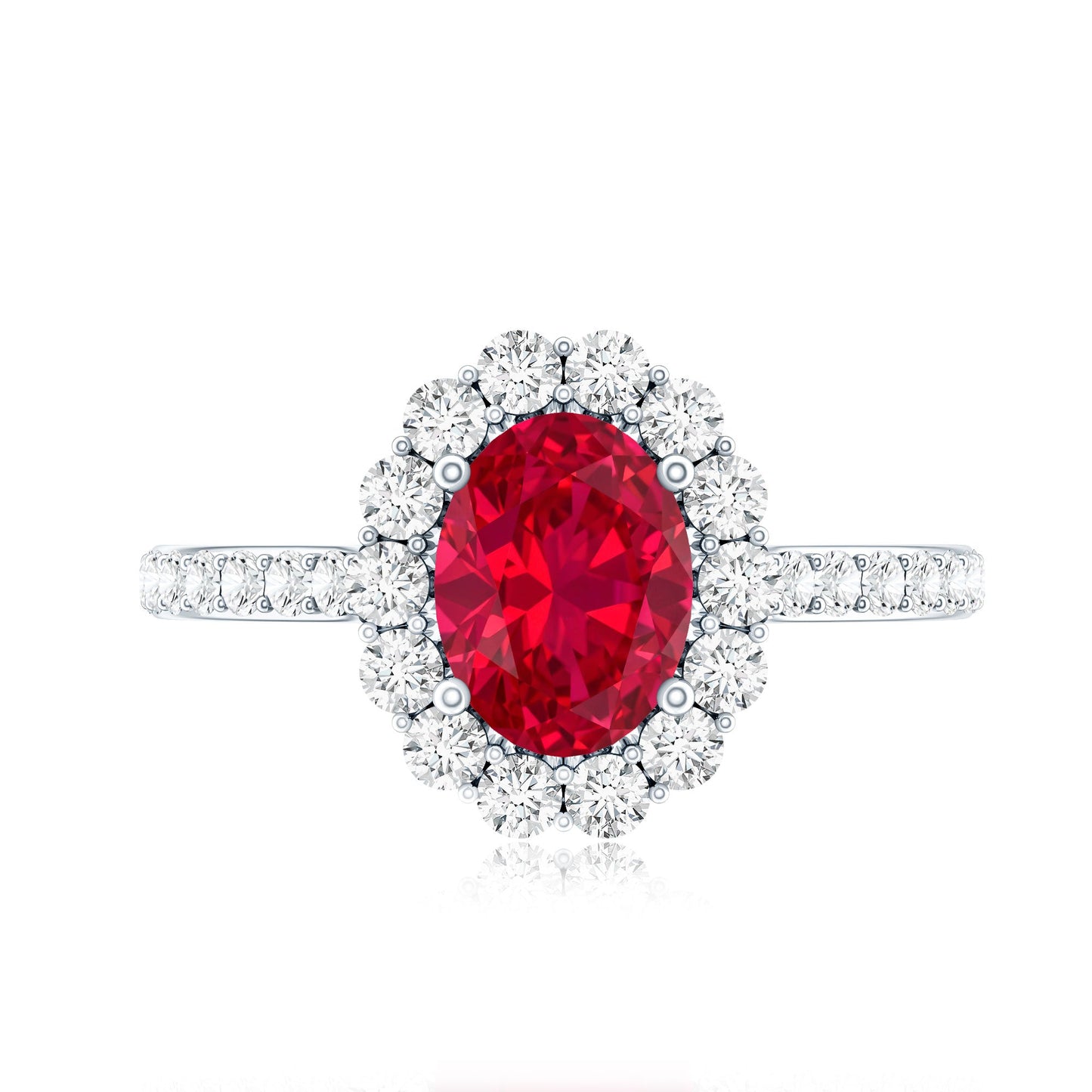 1.5 Carat Oval Cut Created Ruby Engagement Ring with Moissanite Halo