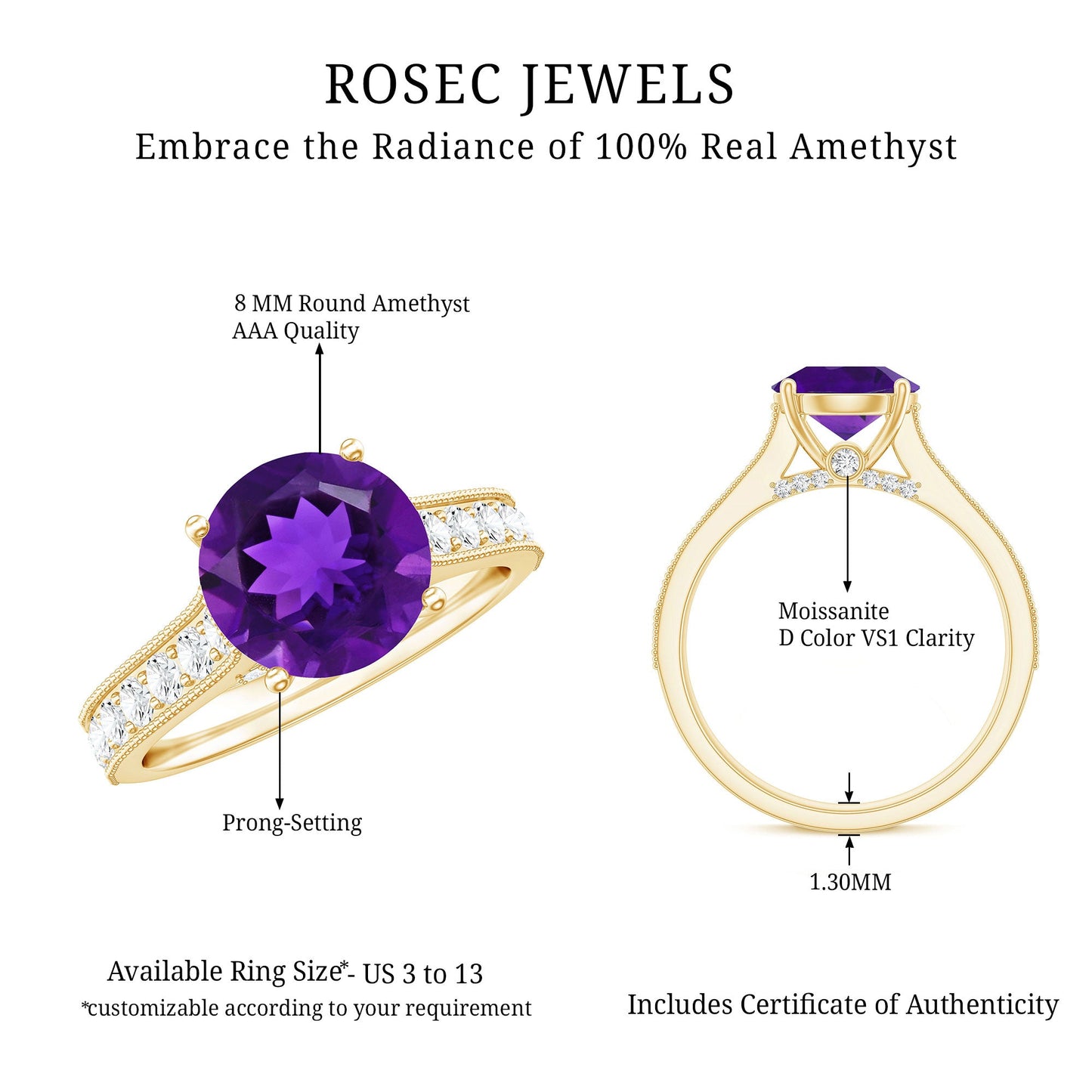 2 Carat Round Amethyst Solitaire Engagement Ring with Moissanite Side Stones