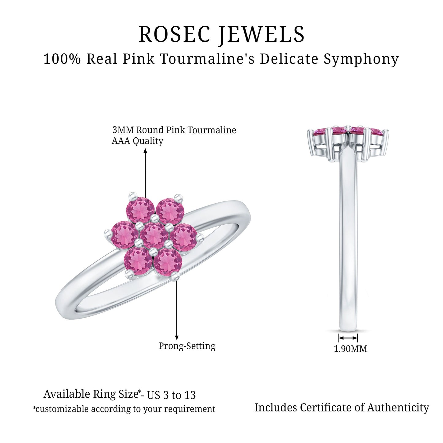 Real Pink Tourmaline Flower Cluster Ring