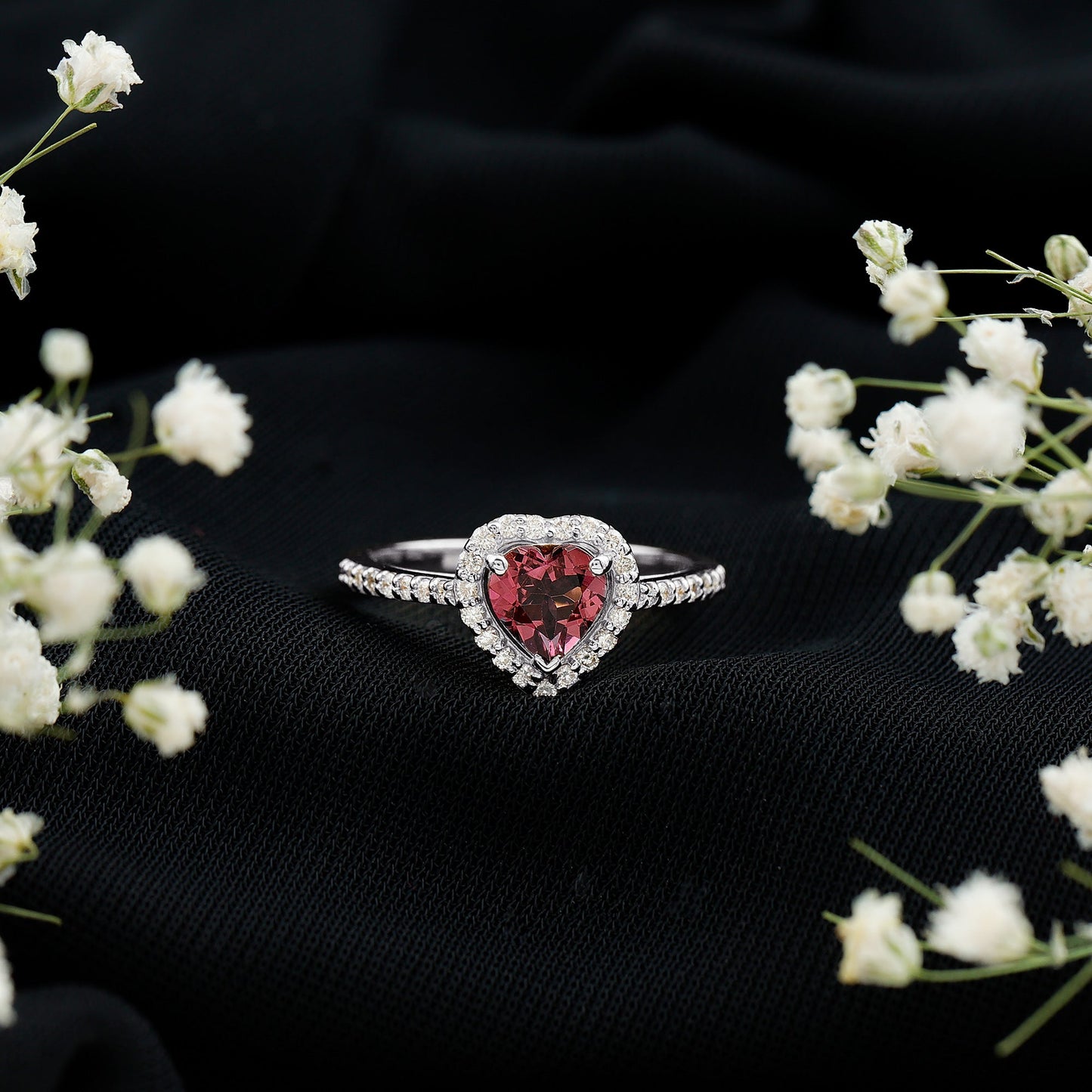 Heart Shape Pink Tourmaline Engagement Ring with Diamond Halo