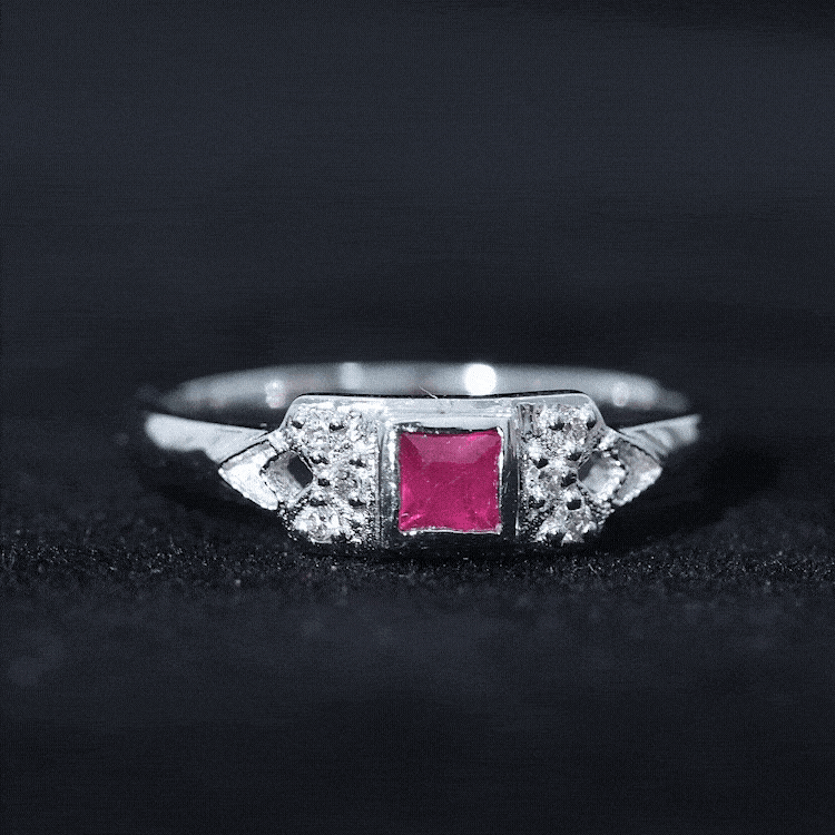 Art Deco Princess Cut Ruby Promise Ring with Diamond