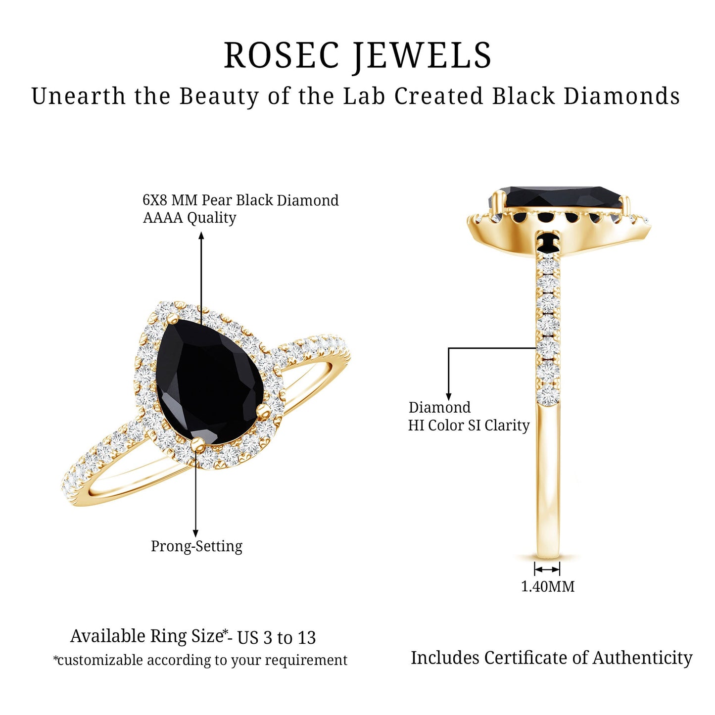 Certified 0.85 Carat Lab Grown Black Diamond Teardrop Engagement Ring with White Diamond