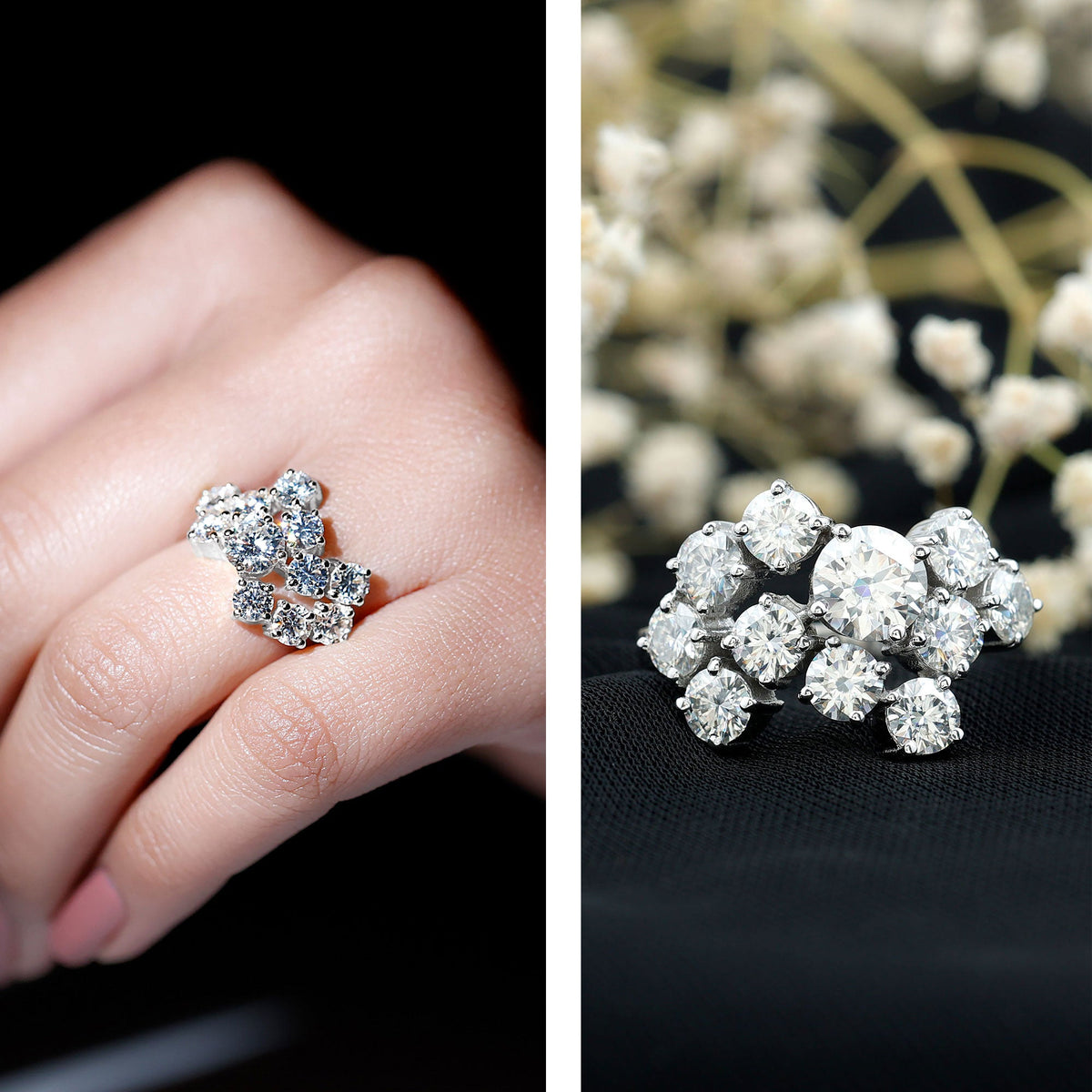 Certified 4 Carat Moissanite Cluster Statement Ring in Silver