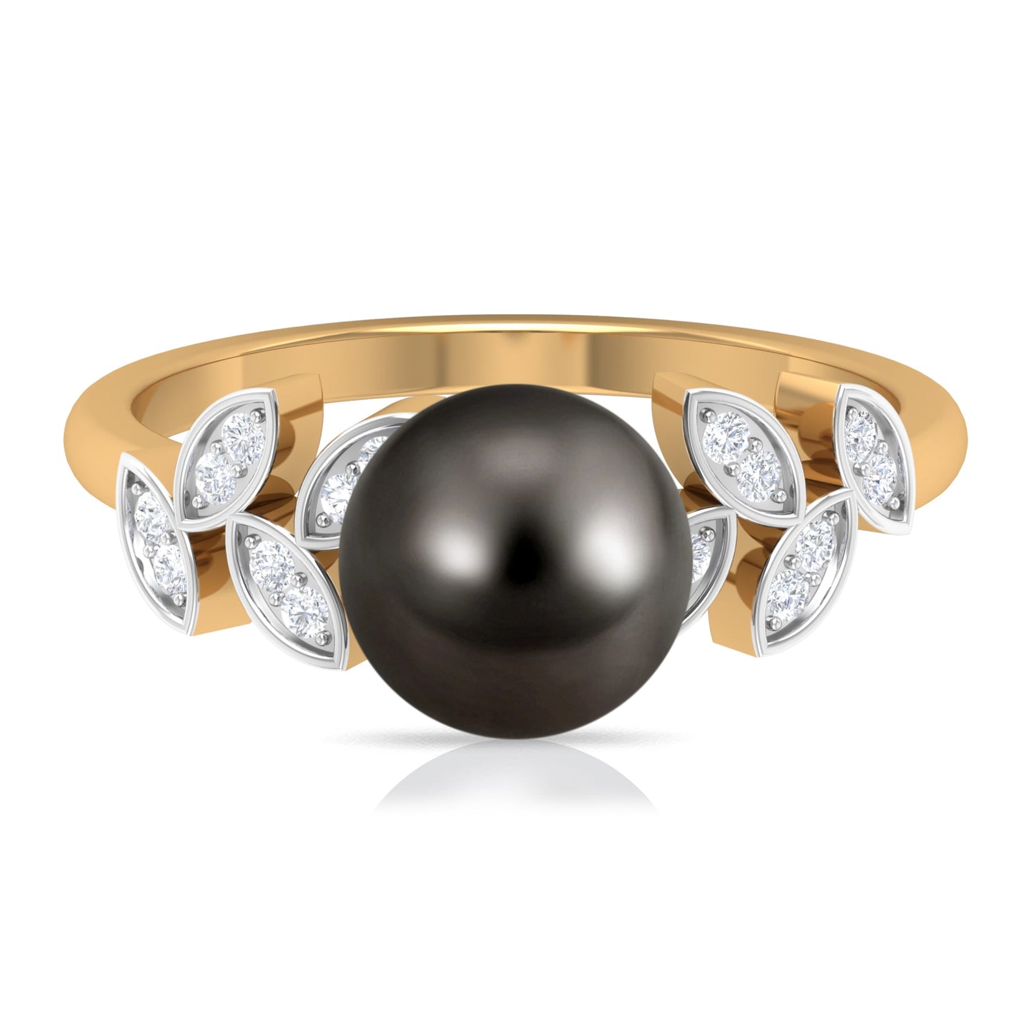 Tahitian Black Pearl and Diamond Leaf Minimal Engagement Ring