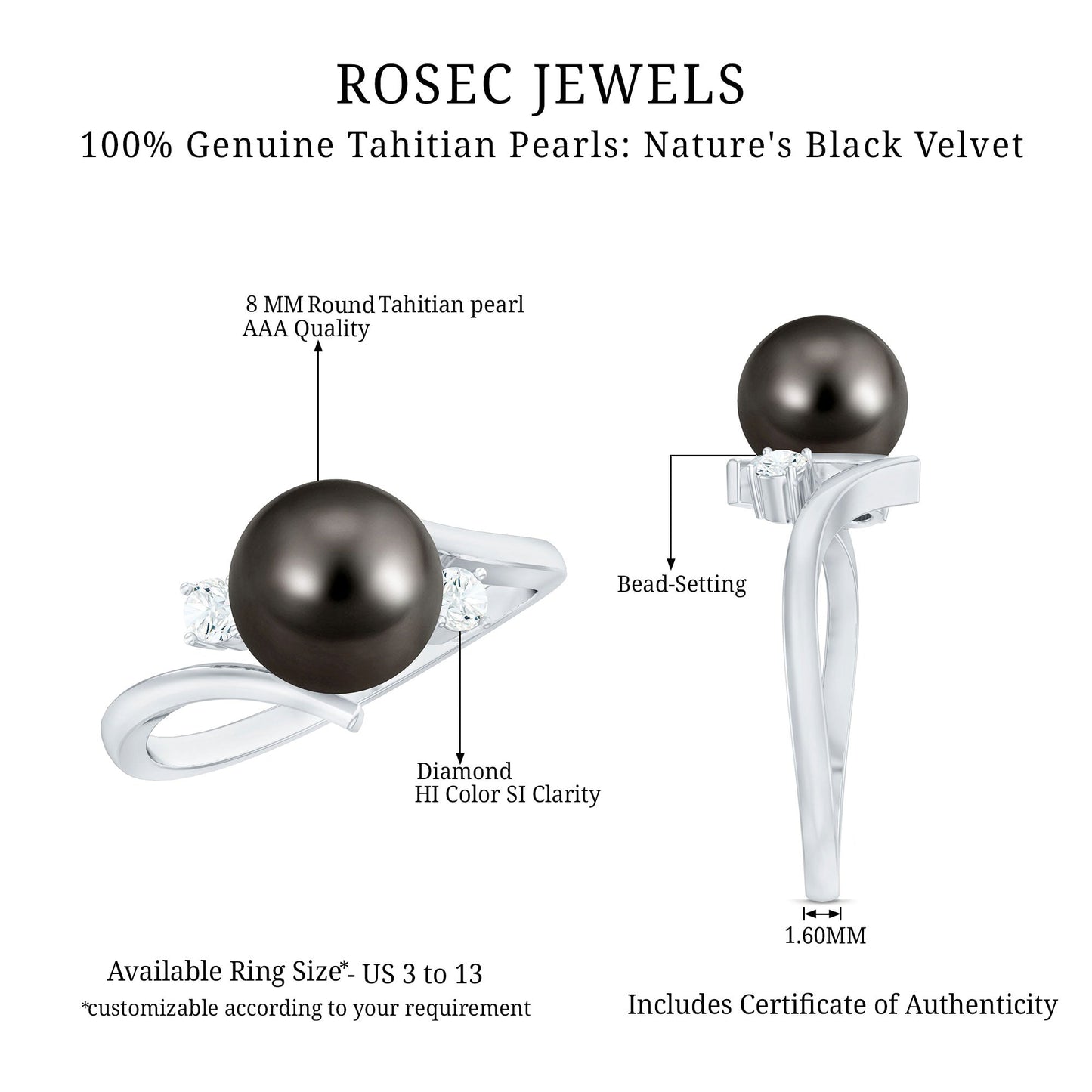 Natural Tahitian Black Pearl Diamond Vintage Engagement Ring