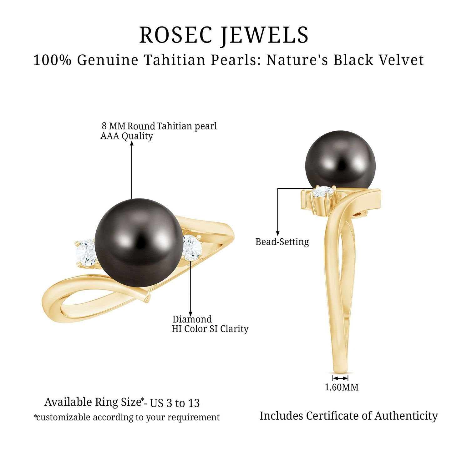 Natural Tahitian Black Pearl Diamond Vintage Engagement Ring