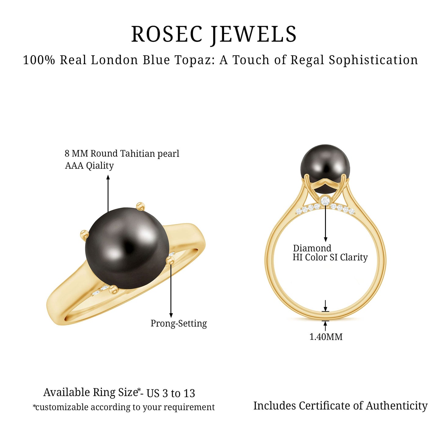 7.5 CT Classic Tahitian Pearl Solitaire Ring with Surprise Diamond