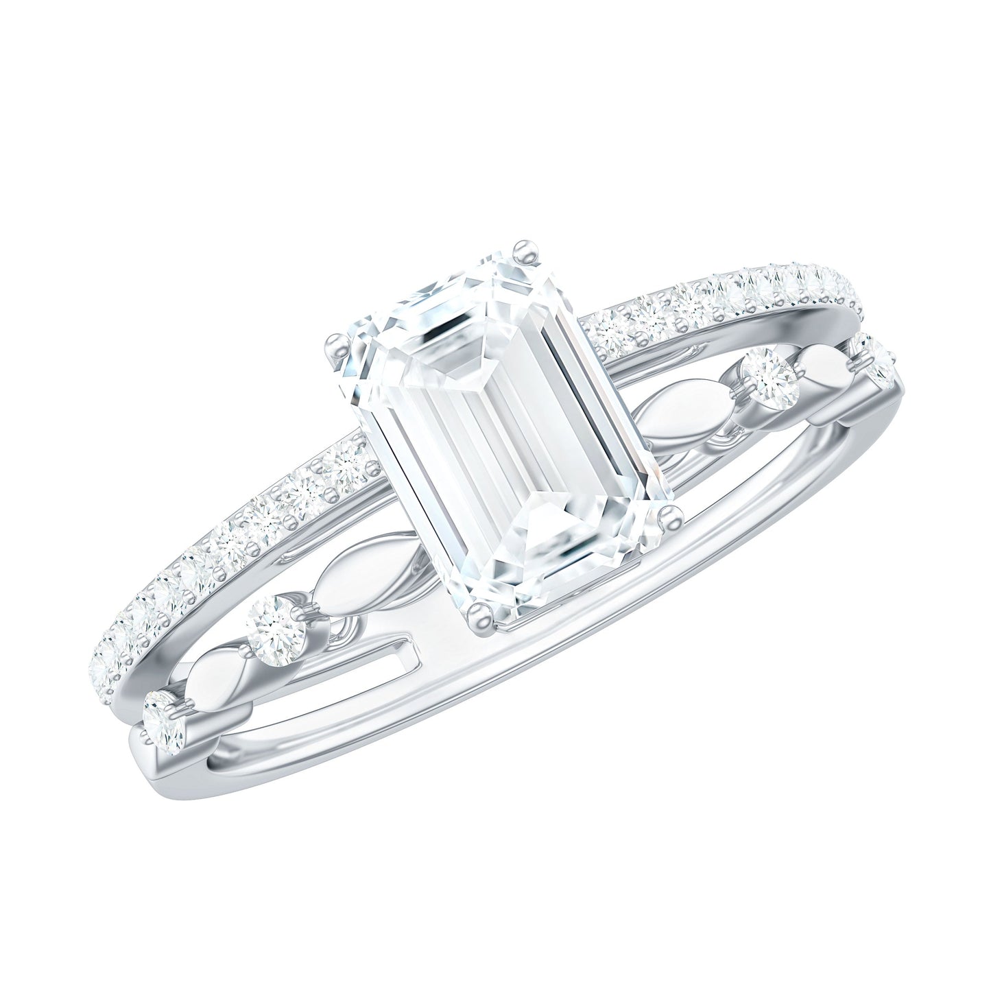 1.8 Carat Emerald Cut Moissanite Solitaire Engagement Double Band Ring