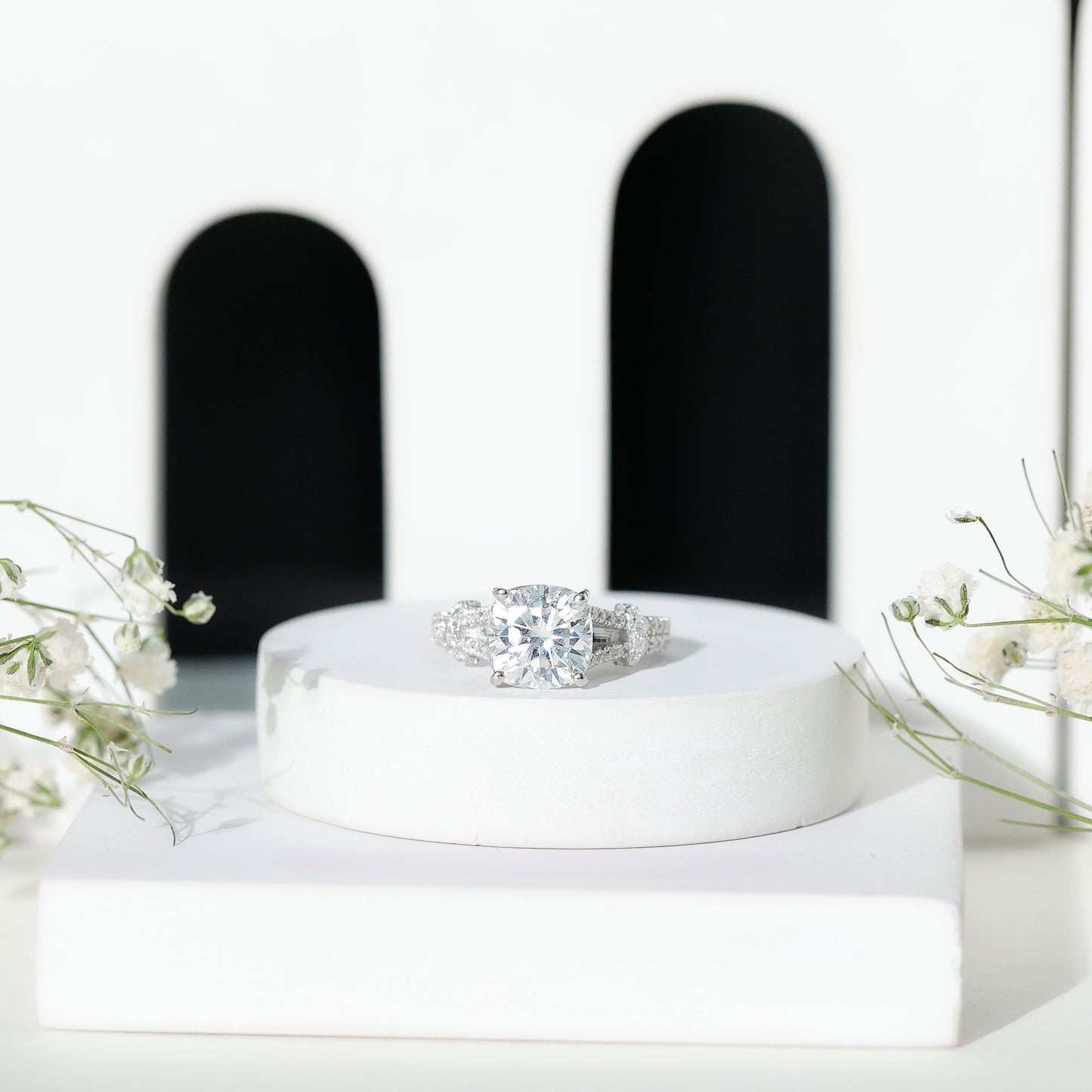 Cushion Cut Moissanite Solitaire Engagement Ring with Split Shank