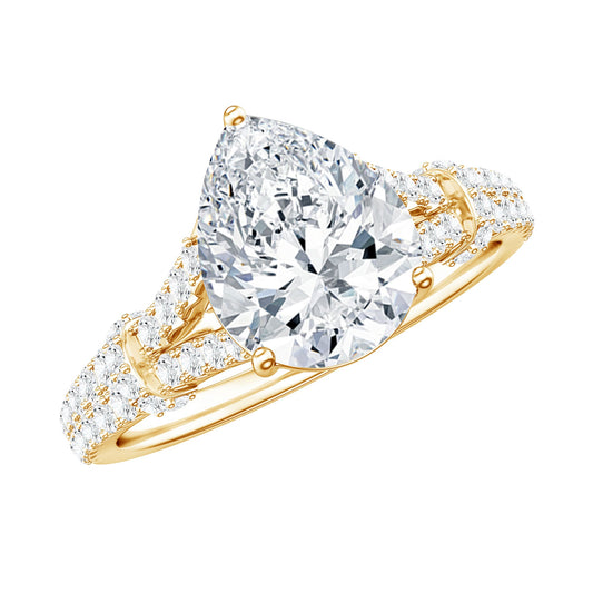 Pear Shaped Moissanite Solitaire Engagement Ring in Split Shank