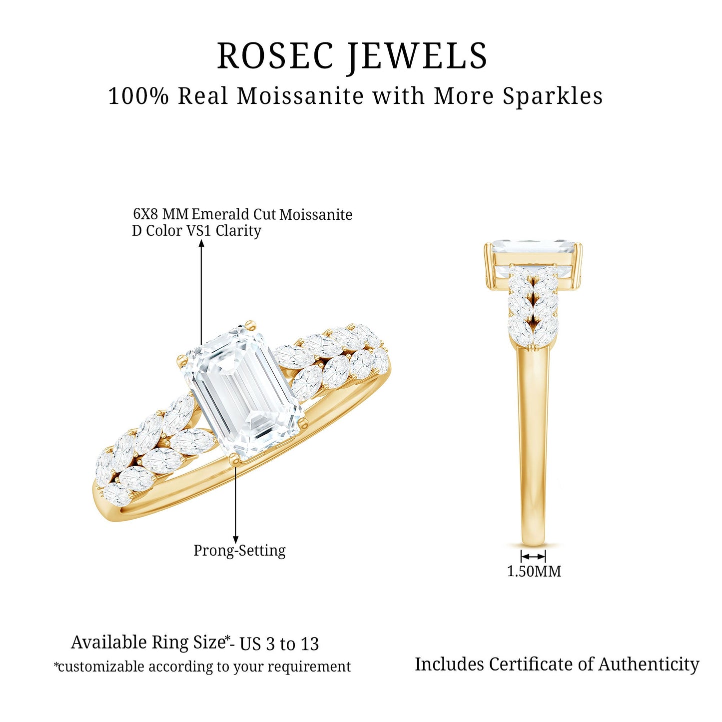 Certified Moissanite Emerald Cut Engagement Ring with Side Stones