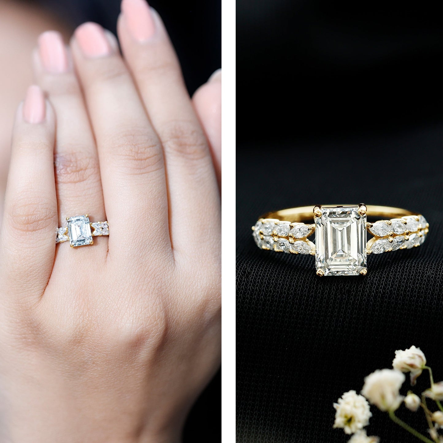 Certified Moissanite Emerald Cut Engagement Ring with Side Stones
