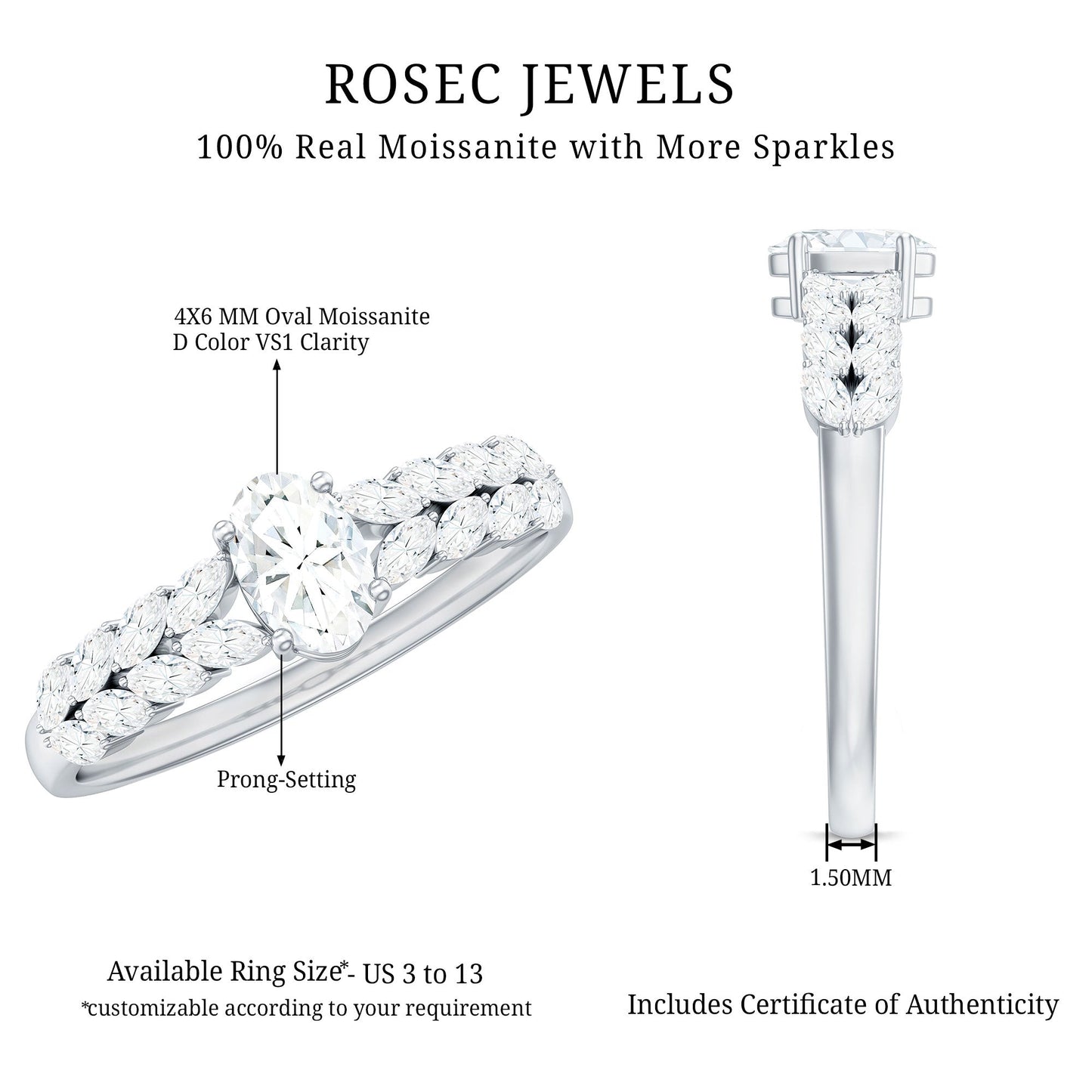 0.4 Carat Oval Cut Certified Moissanite Engagement Split Shank Ring