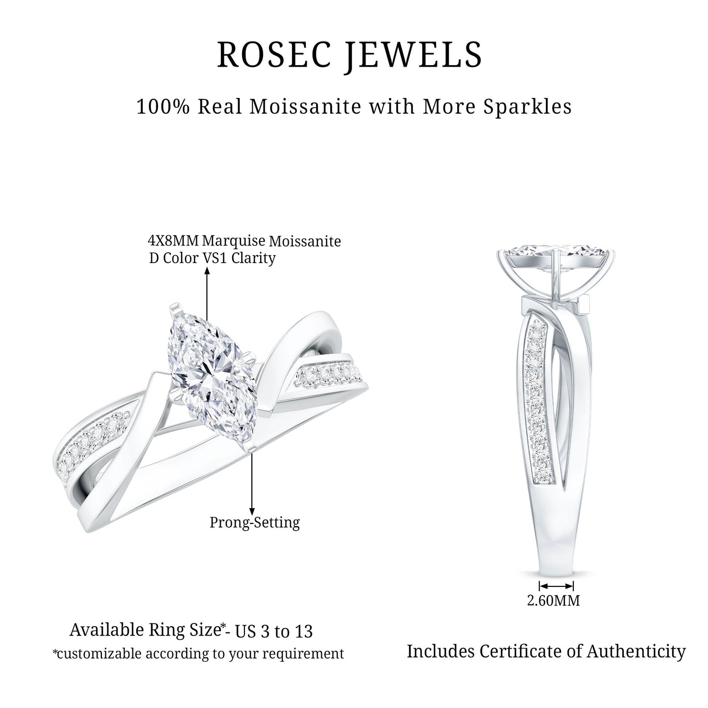Certified Moissanite Marquise Cut Engagement Ring For Women
