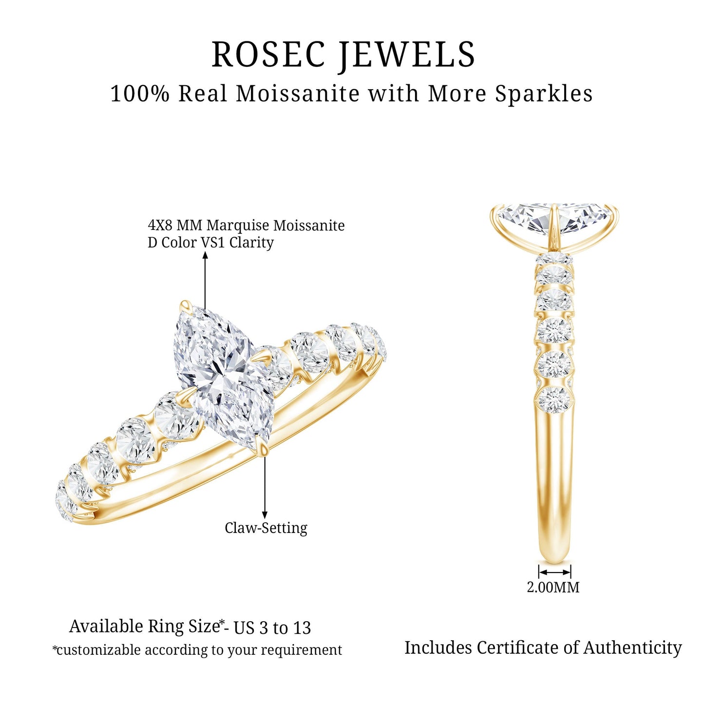 Marquise Moissanite Solitaire Engagement Ring with Side Stones