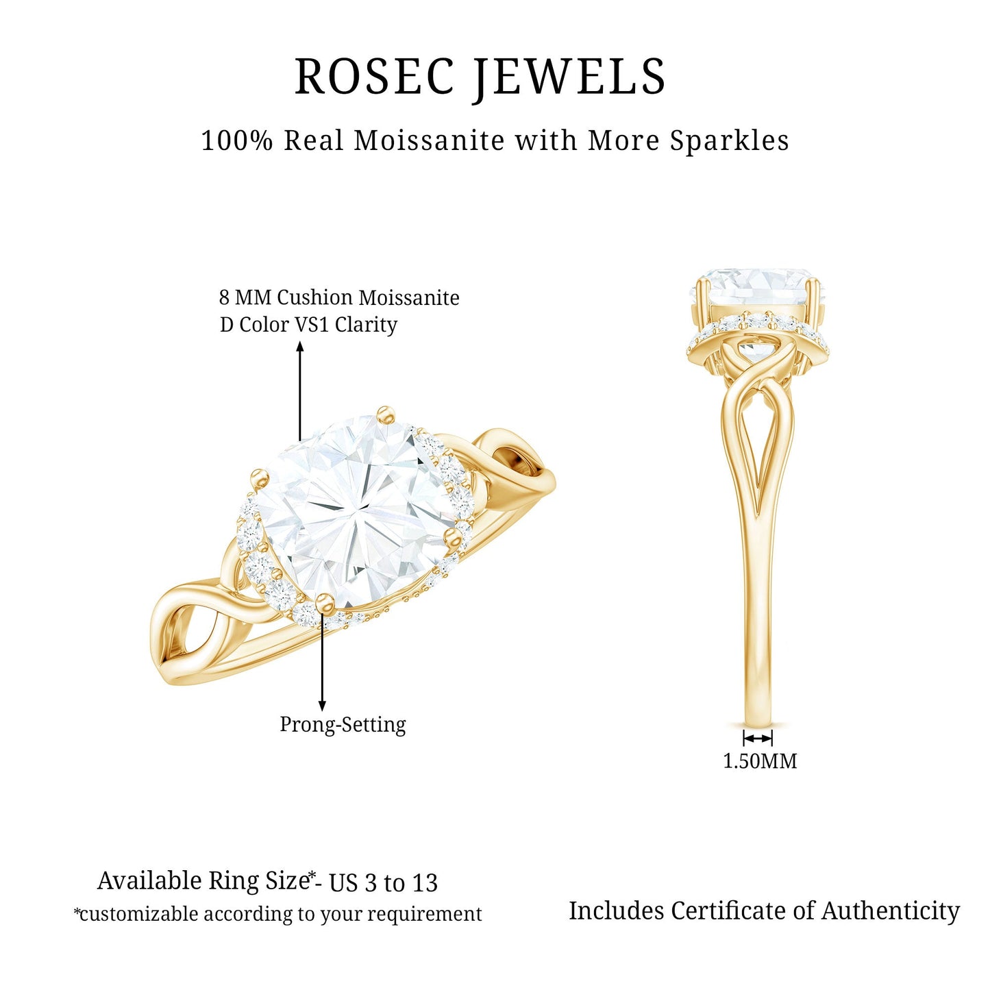 3 Carat Cushion Cut Moissanite Solitaire Engagement Ring with Infinity Shank