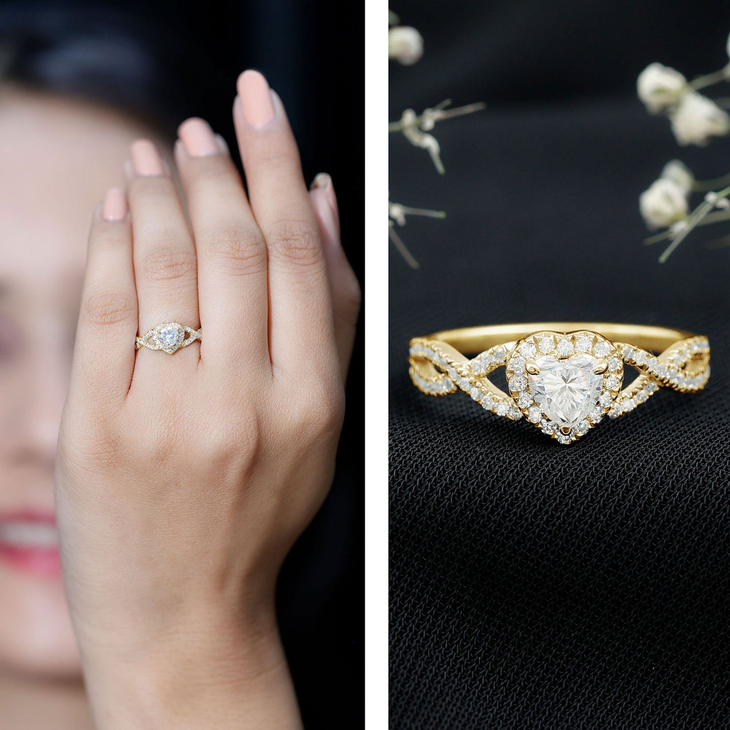 Heart Shape Moissanite Halo Engagement Ring with Infinity Band