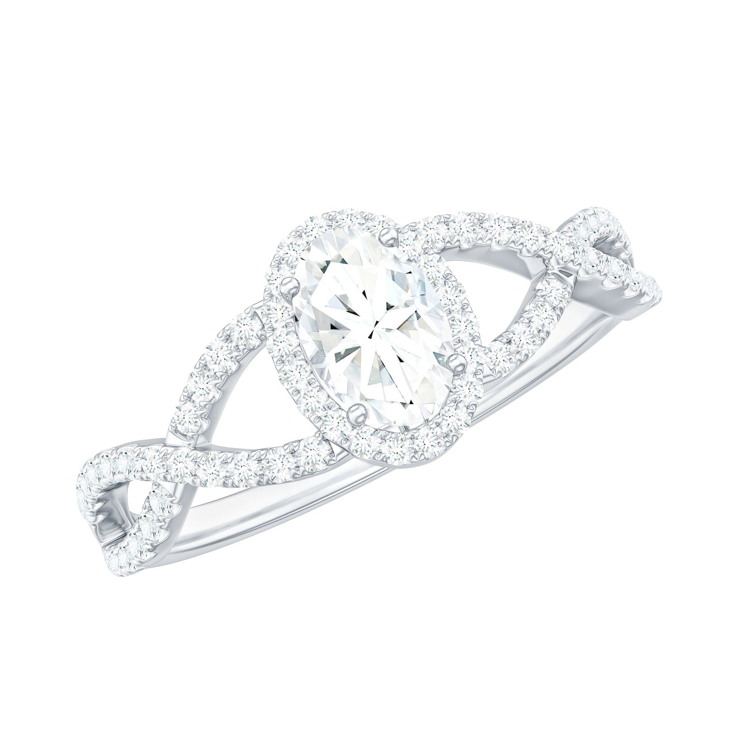 Certified Oval Cut Moissanite Halo Engagement Ring with Crossover Shank