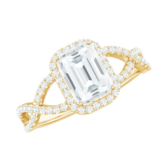 Certified Emerald Cut Moissanite Statement Ring with Crossover Shank