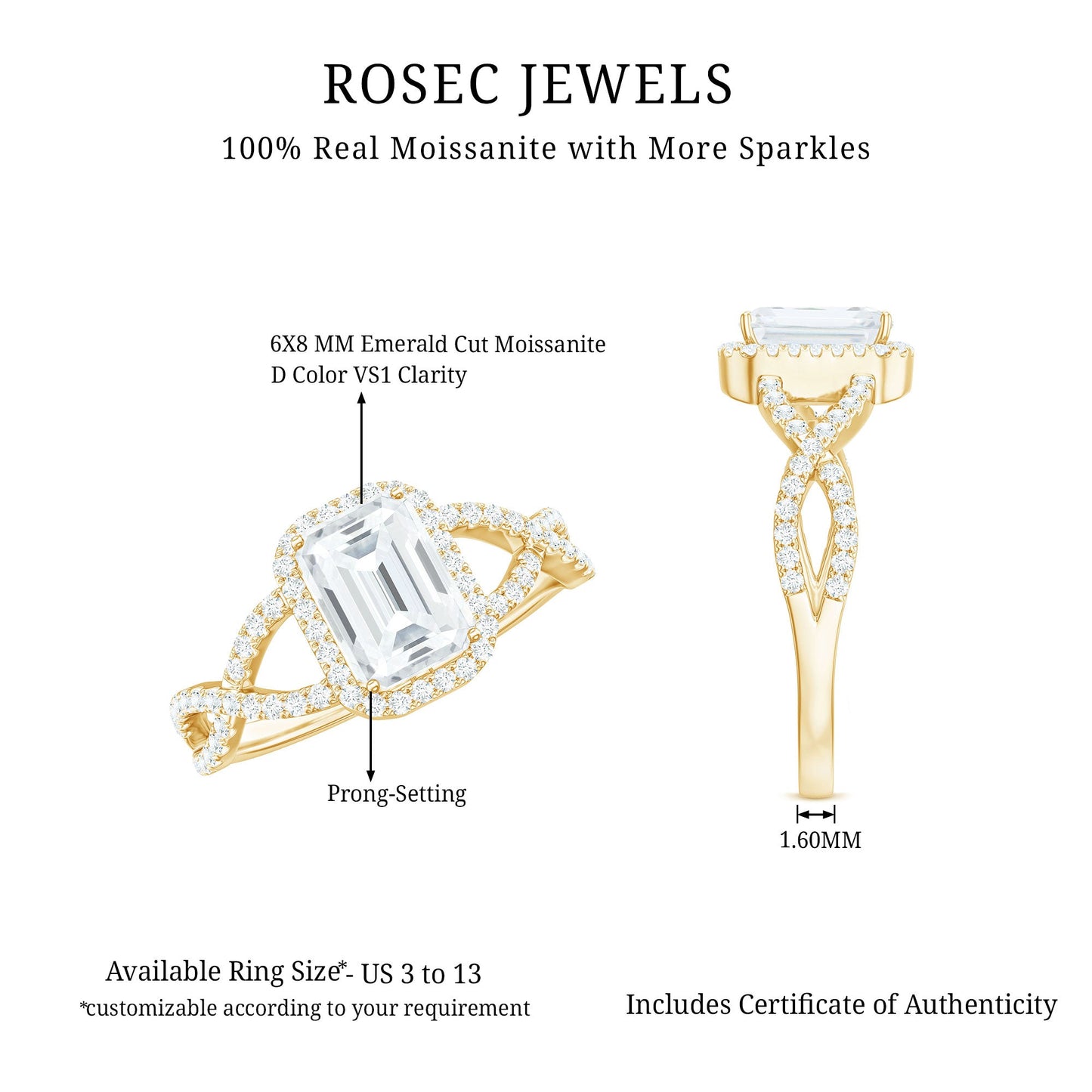 Certified Emerald Cut Moissanite Statement Ring with Crossover Shank