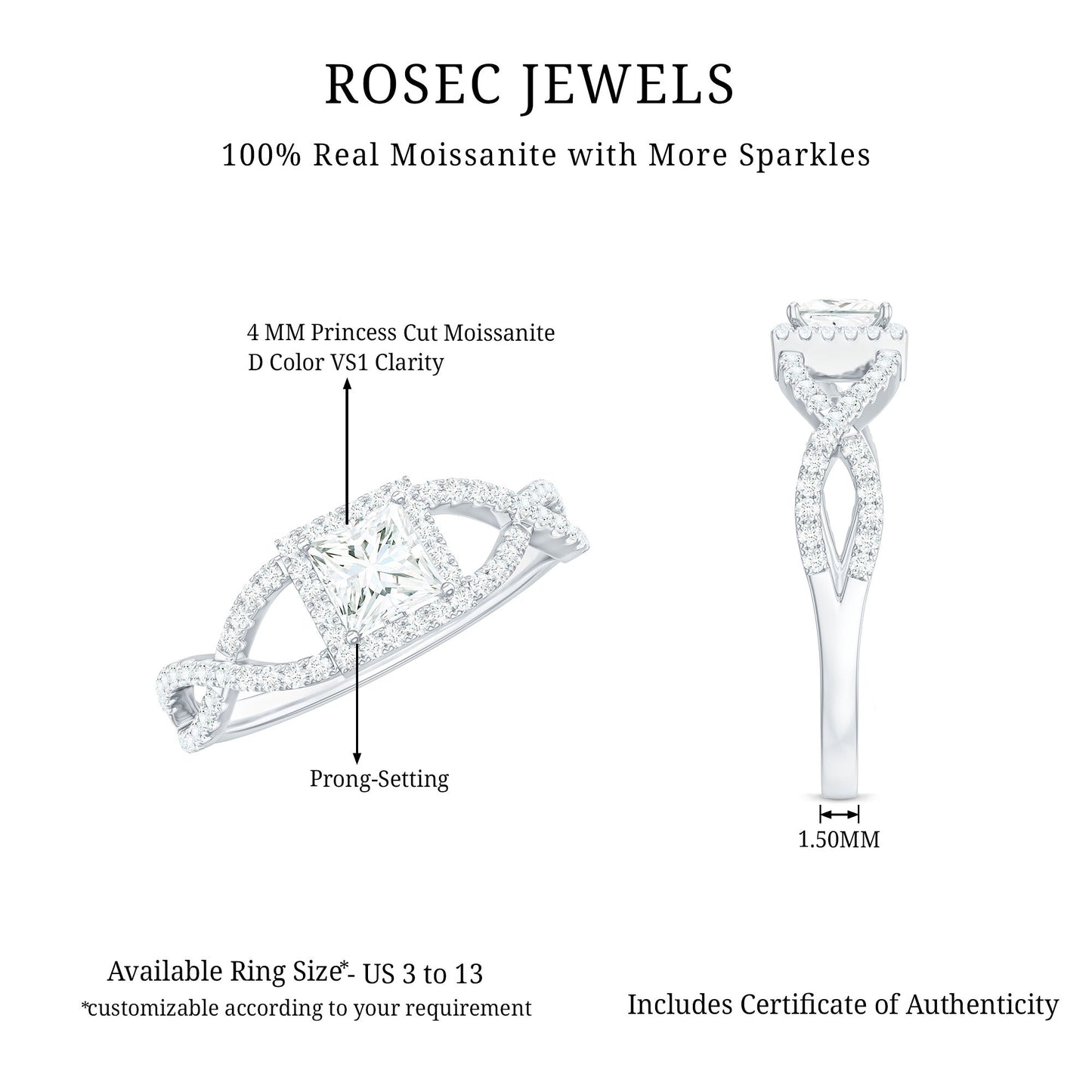 0.3 Carat Moissanite Square Cut Engagement Ring with Crossover Shank