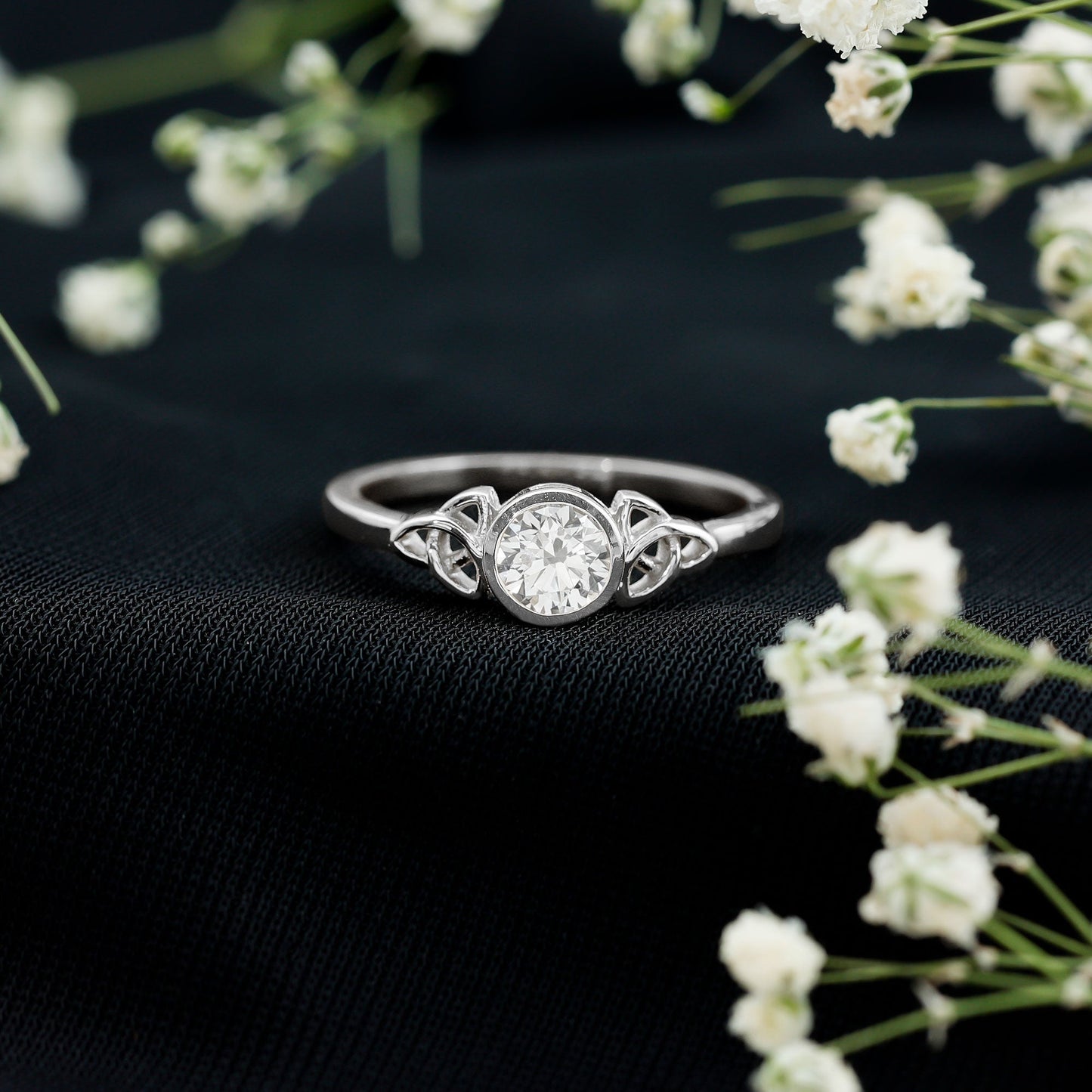 Bezel Set Moissanite Promise Ring with Celtic Knot Details