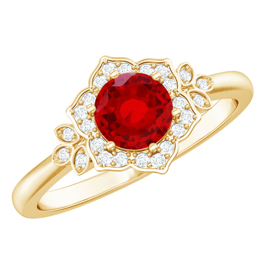 Lab Grown Ruby and Diamond Flower Engagement Ring