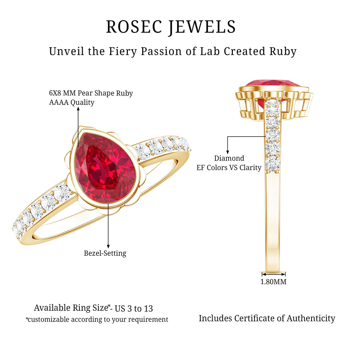 Bezel Set Lab Grown Ruby Teardrop Engagement Ring