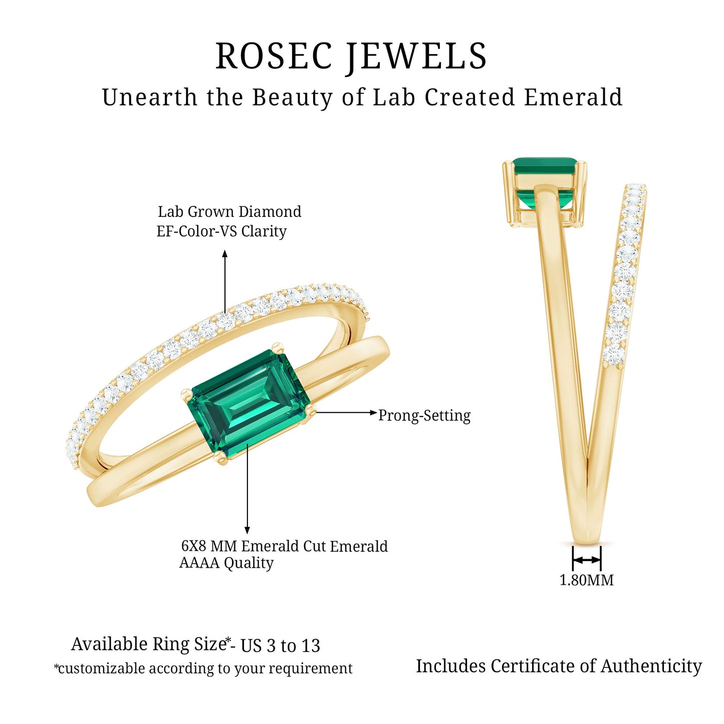 Certified Lab Grown Emerald East West Engagement Ring