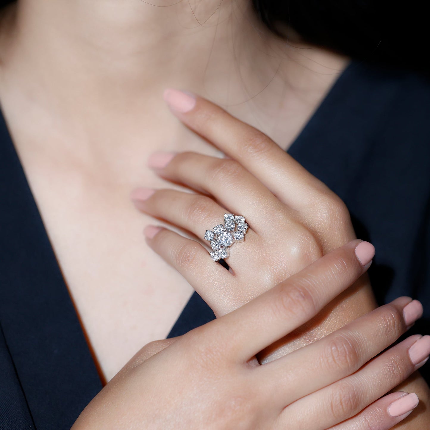 Certified Cubic Zirconia Cluster Engagement Ring in Silver