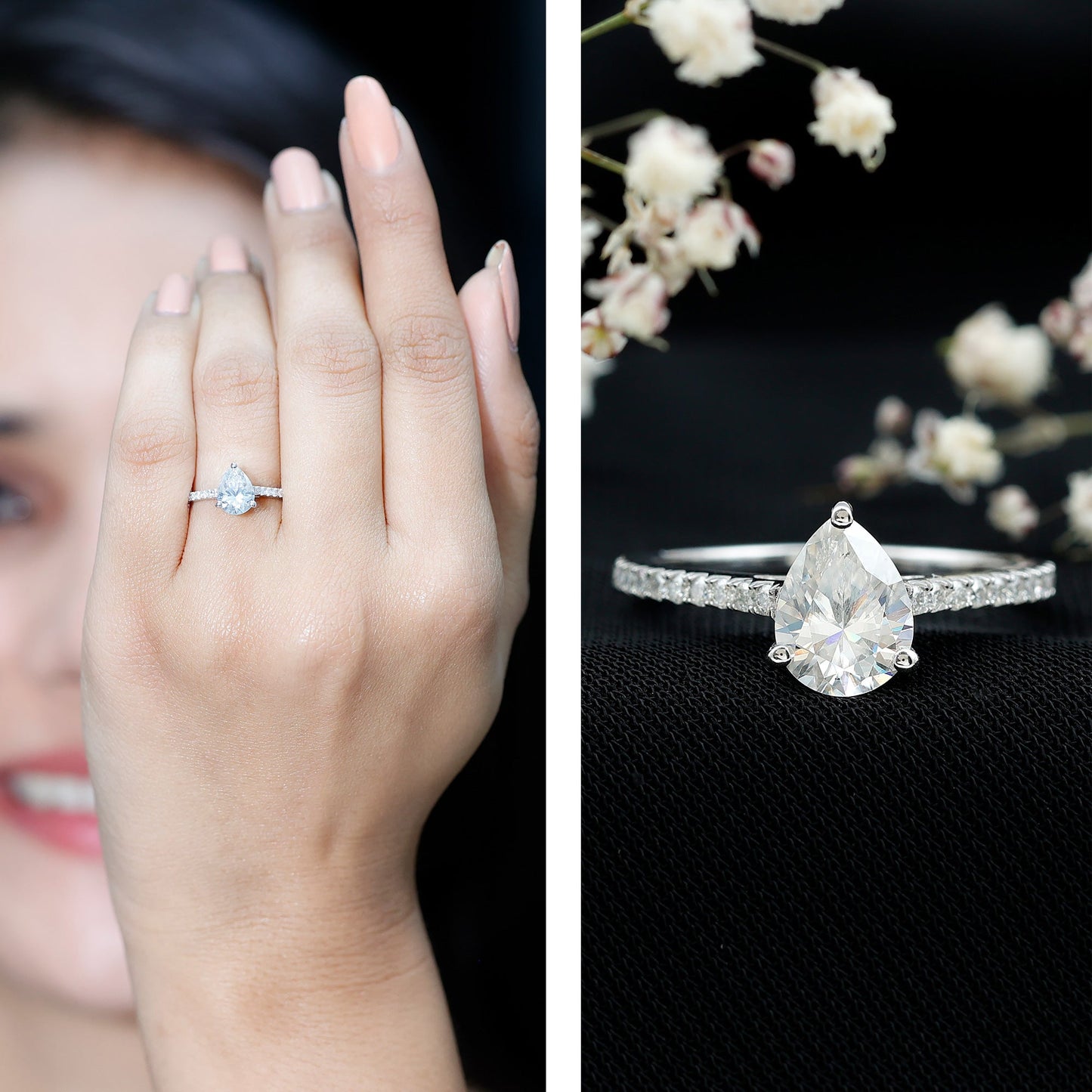 Certified Moissanite Pear Shape Engagement Ring with Side Stones