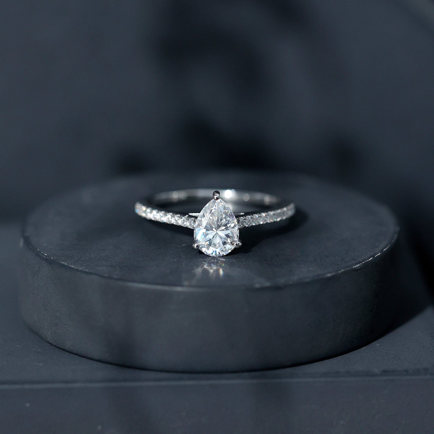 Certified Moissanite Pear Shape Engagement Ring with Side Stones