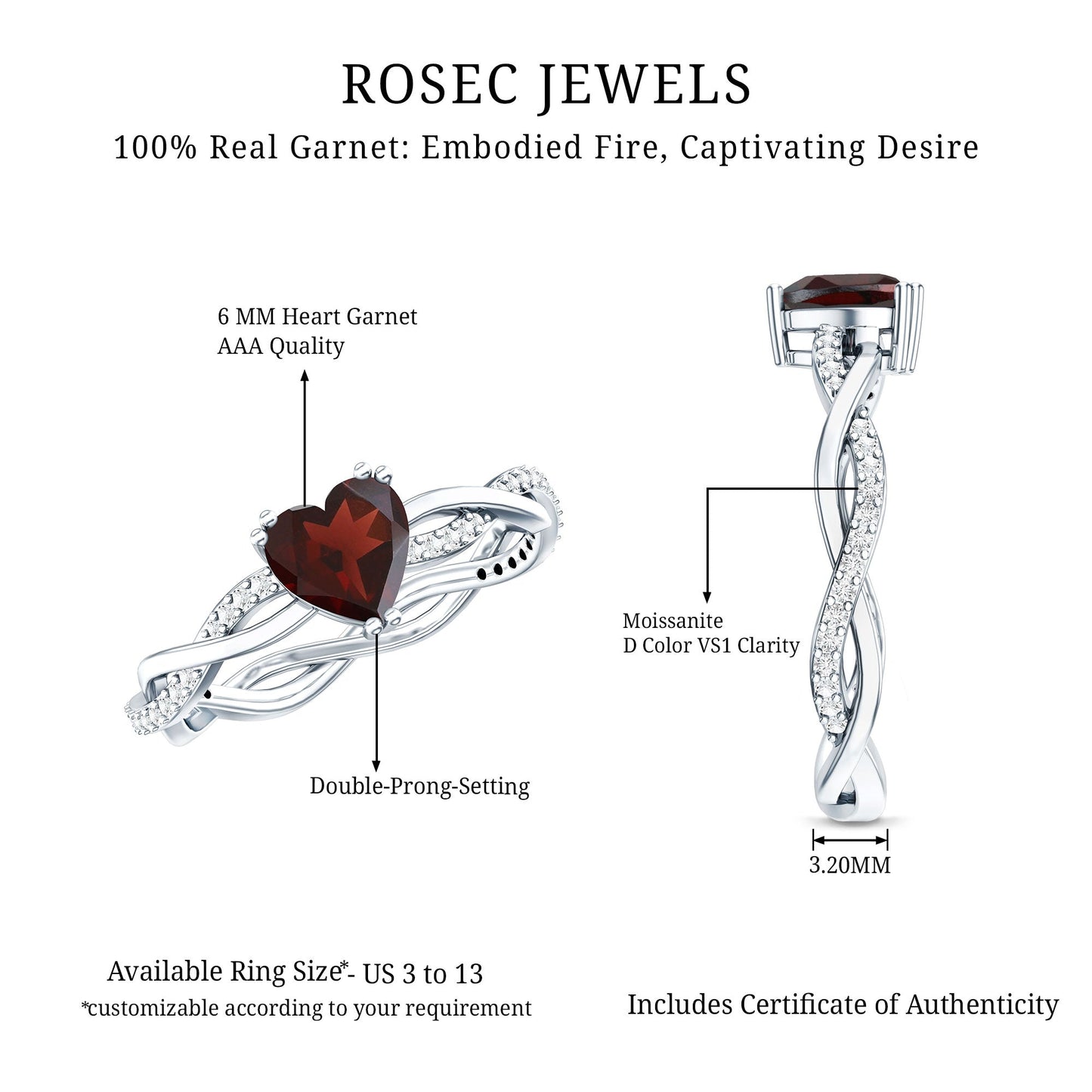 Real 1 Carat Garnet Heart Engagement Ring with Moissanite Braided Shank