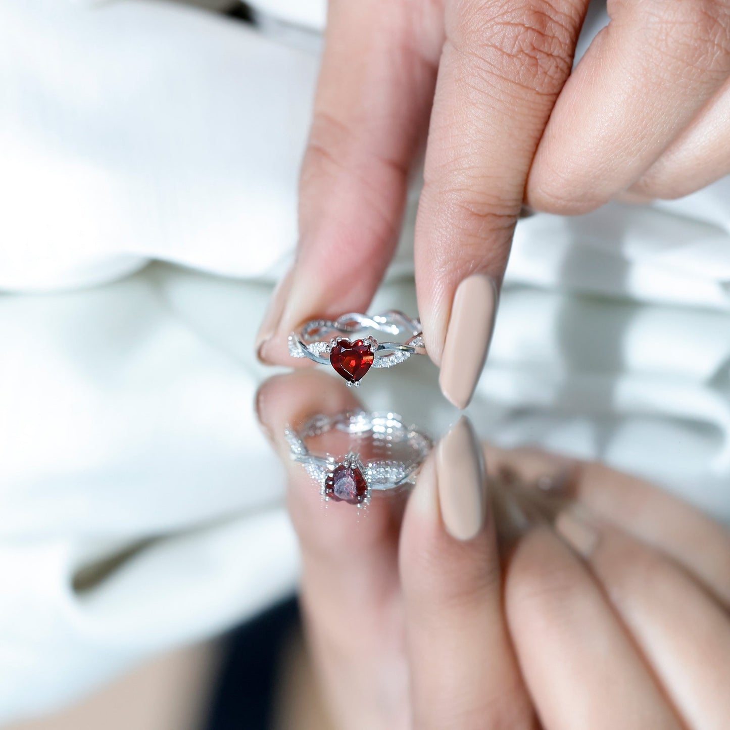Real 1 Carat Garnet Heart Engagement Ring with Moissanite Braided Shank