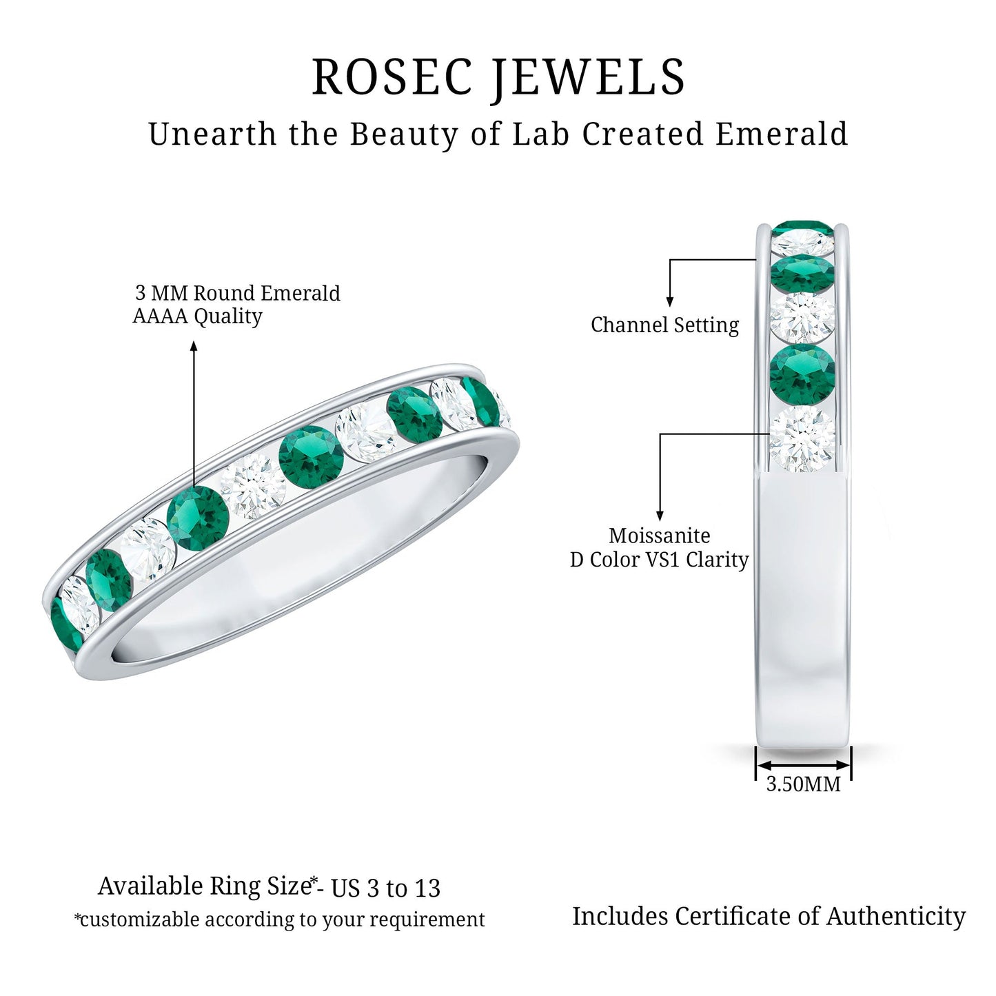 Certified Lab Grown Emerald Diamond Half Eternity Anniversary Band in Channel Setting