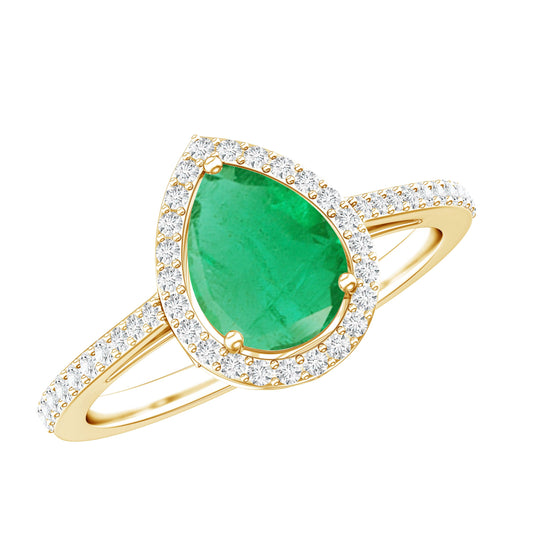 Certified Emerald Teardrop Engagement Ring with Diamond Halo